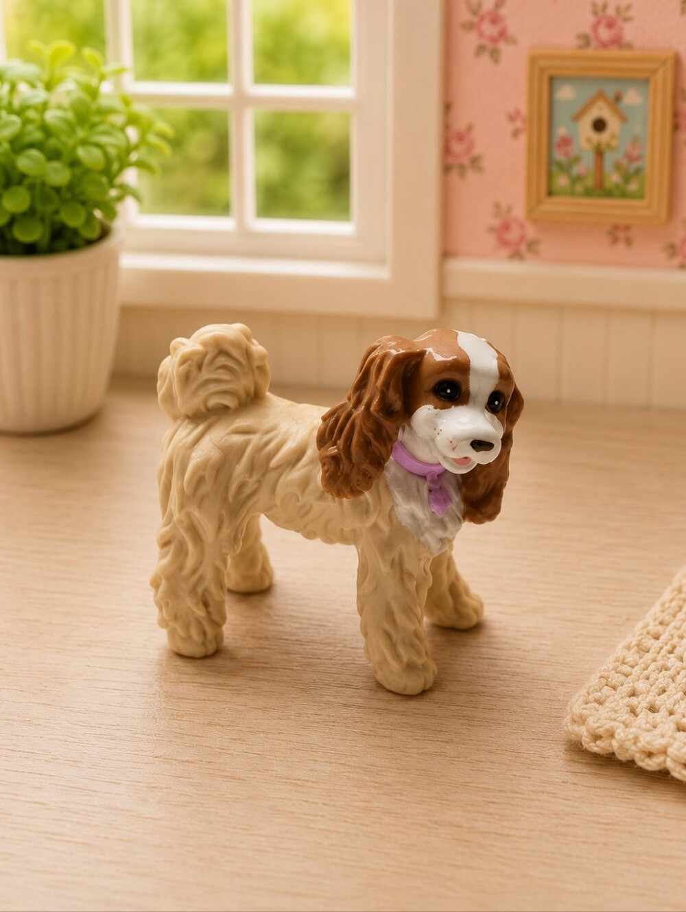 Fisher Price Loving Family Cavalier King Charles Spaniel Dog Figure Pink Collar